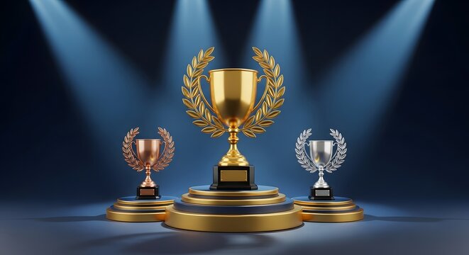 Golden trophy awarded first place with silver and bronze runner up trophies