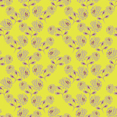 Vintage floral wallpaper with repeating patterns of large flowers and leaves. Earthy tones of brown and green dominate the floral design. Classic vintage style. Vintage art