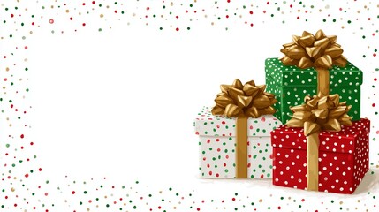 Obraz premium Colorful gift box layout with holiday Social Media Sale flat design of gift boxes stacked in corner, clean background with copy space for bright Holiday Social Media Sale advertising 