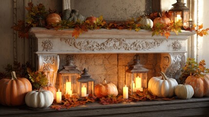 Fireplace mantel decorated with pumpkins, candles, and fall leaves, ultra realistic 8k