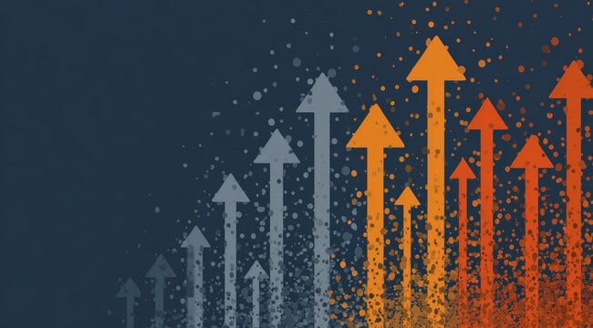 Blue background with a series of arrows pointing upwards. The arrows are of different colors and sizes