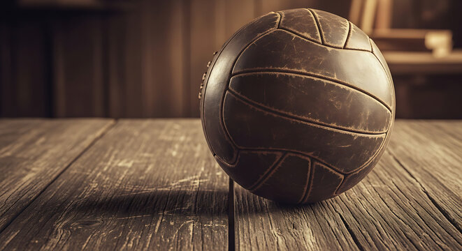 Vintage Leather Soccer Ball Resting on a Weathered Wooden Surface Evoking Nostalgia and Sports History