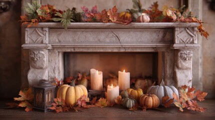 Fireplace mantel decorated with pumpkins, candles, and fall leaves, ultra realistic 8k