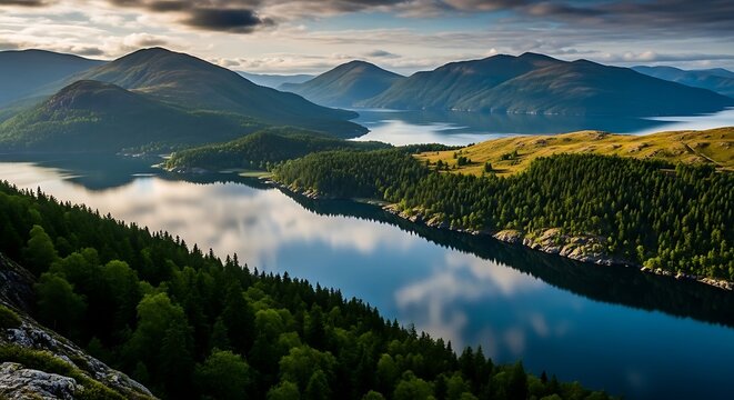 Majestic norwegian fjord landscape with dramatic clouds and verdant forests under sunlight