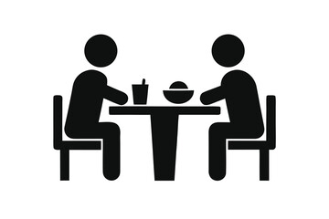 Two monochrome figures are sitting at a table having a meal and drink