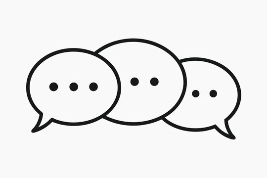 Three overlapping black speech bubbles show group discussion in a simple line icon