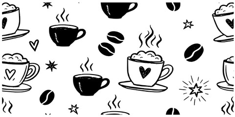 
Morning coffee seamless pattern, hand drawn hot drink doodle banner, cafes breakfast cartoon graphic. Black espresso cup, big cappuccino mug, trendy background menu decor. Coffee pattern charcoal art