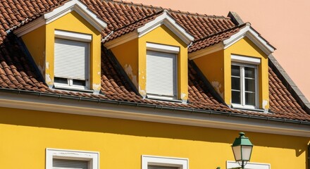 Yellow building facade with three dormer windows.Traditional European architecture with a red tile roof.Real estate property exterior for housing market.Home renovation and construction