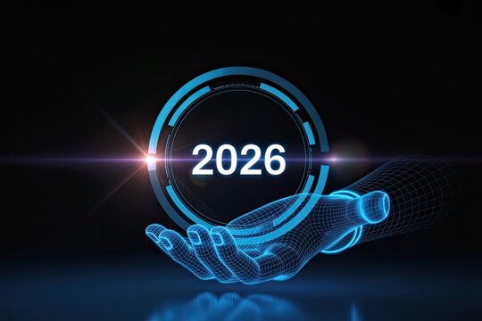 Futuristic Wireframe Hand Presenting Glowing 2026 Holographic Interface