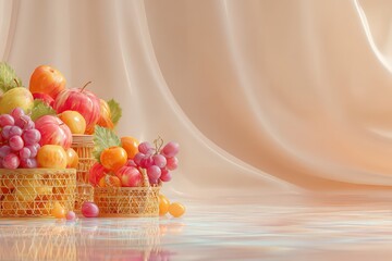 Naklejka premium A beautiful artistic still life of fresh fruits in woven baskets with a soft, dreamy background.
