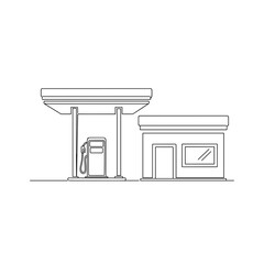 Gas station with pump and convenience store in simple line art  