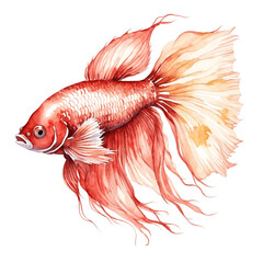 Fototapeta premium Watercolor illustration of a red betta fish with delicate brush strokes and fine gold outlines, elegant aquatic art in soft tones, detailed painting on white background