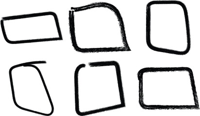 Six abstract hand drawn geometric shapes with rough textured borders isolated on transparent background