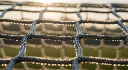 Close-up of frost-covered netting glistening in golden morning sunlight with bokeh background showing green field