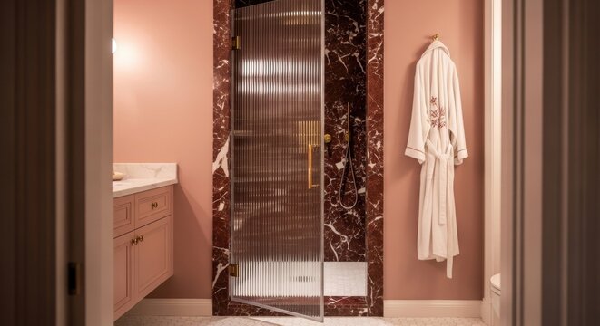Luxury bathroom interior with designer details. Modern shower with fluted glass door and marble surround. Pink vanity and walls with gold fixtures