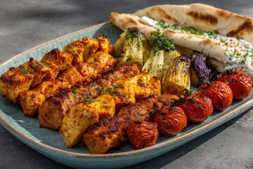 Grilled chicken & paneer skewers, roasted vegetables, and flatbread.