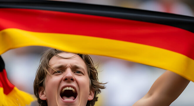 Excited fan waving German flag celebrating victory or sporting event with passion and pride