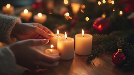 Family hands lighting Christmas candles dining table closeup festive detail cozy warm tones faceless celebration