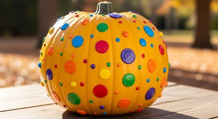 Brightly decorated yellow pumpkin adorned with colorful polka dots and jewels for autumn halloween celebration