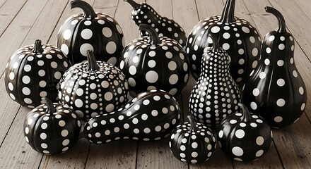 A collection of black gourds and pumpkins decorated with white polka dots arranged on a rustic wooden surface for autumn decoration