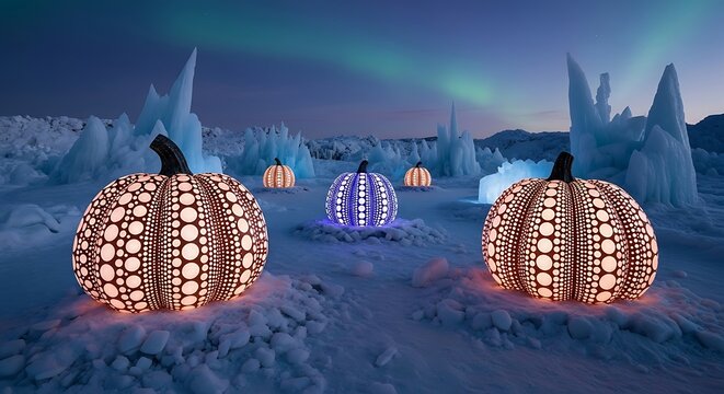 Illuminated carved pumpkins with intricate patterns glowing brightly in a snowy landscape under the aurora borealis at night