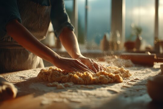 Hands kneading fresh dough on a floured surface in a warm, sunlit kitchen setting.