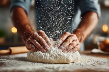 Close-up of hands kneading fresh dough with flour scattering, preparing homemade bread in a cozy kitchen.