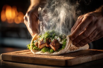 Close-up of hands holding a steaming hot grilled meat wrap with fresh herbs.