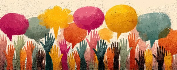 Diverse crowd raises colorful hands in celebration under bright balloons