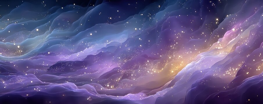 Abstract purple background with glowing light lines and sparkling stardust for creative projects and ideas