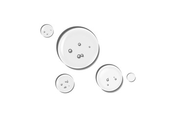 Realistic transparent water or oil droplets or drops on wet clear  surface with crystal clarity circle, rounded water-drop, gel or serum. Fresh clear liquid drop texture, honey bubbles, moisture