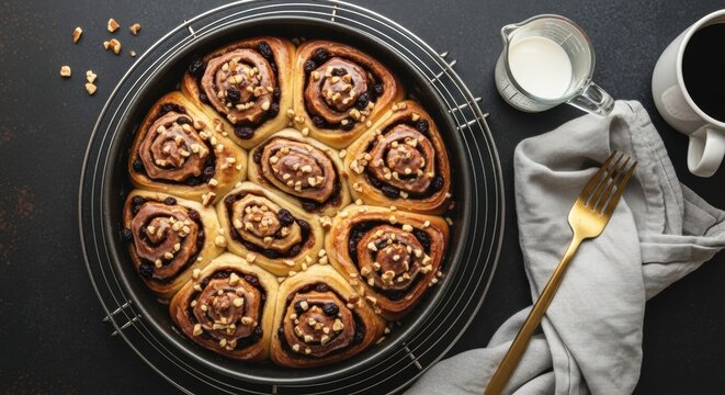 Freshly baked cinnamon rolls with nuts and raisins. Homemade sweet pastry for breakfast. Cozy coffee break with delicious dessert. Top view food composition. Bakery recipe concept