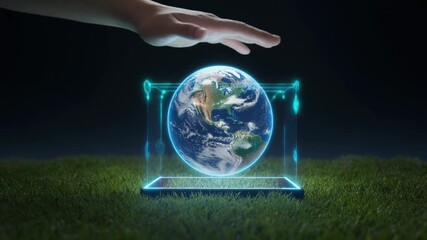 A hand reaching toward a holographic interface symbolizes interaction technology connection and digital innovation representing human engagement with futuristic virtual environments and data visualiza - Powered by Adobe