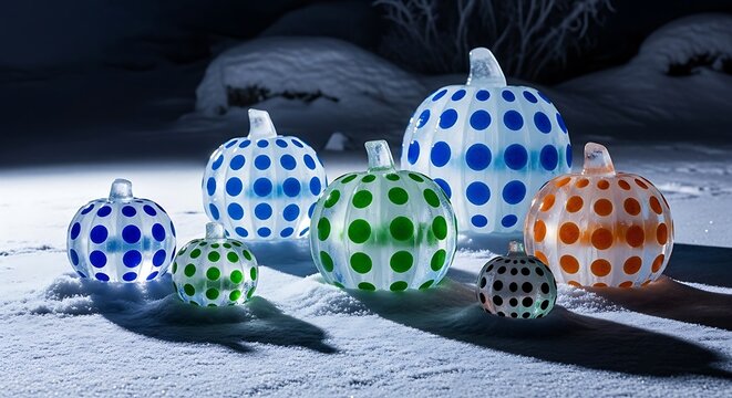 A collection of decorative glass pumpkins in various sizes and colors with a polka dot pattern displayed on a snowy surface