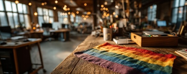 Diverse office workers collaborate at a modern open-plan workspace with rainbow flag on desk today