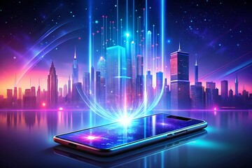 Futuristic cityscape with glowing data streams and a smartphone interface