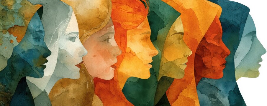 Colorful watercolor collage of diverse silhouettes in profile forming a united human line