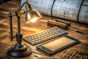 Office desk with lamp, keyboard, smartphone and architectural drawings