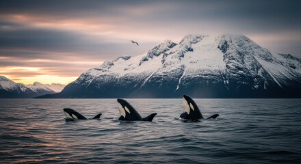 Family of Orca killer whales in a cold ocean fjord. Dramatic arctic landscape with snow capped mountains at sunset. Marine wildlife and nature exploration. Ecotourism and environmental preservation