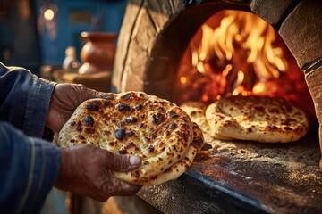 Authentic hands pulling freshly baked flatbread from a traditional brick oven with glowing flames.
