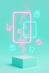 Neon smartphone frames with shopping icons ecommerce concept