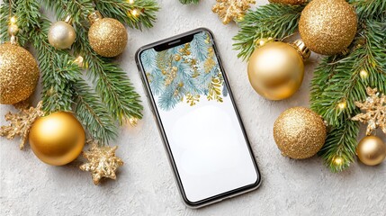 Warm ecommerce theme with Christmas Online Shopping realistic top view of mobile phone surrounded by ornaments and lights, cozy atmosphere for festive warm Christmas Online Shopping mood  