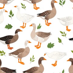 Cartoon geese and green leaves repeat pattern on white