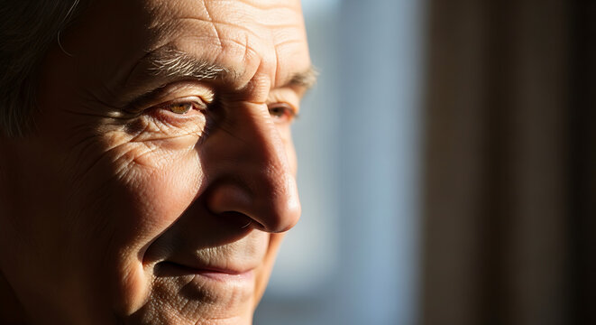 Close-up profile of an elderly man's face with warm light emphasizing his wise eyes and thoughtful expression