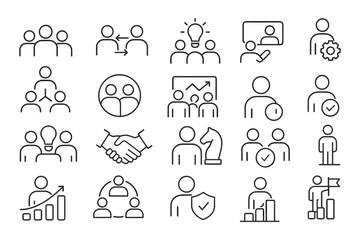 Fototapeta premium Business Leadership and Teamwork Strategy Line Icons Set