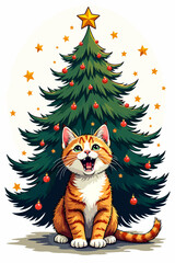 Kitten in front of the Christmas tree, joyful, sitting and smiling with ornaments and stars