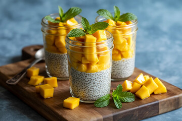  layered chia pudding with fresh mango and mint garnish