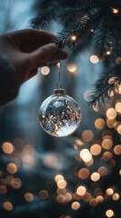 Glass bauble on christmas tree with warm lights