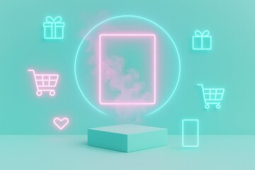 Cyber monday neon backdrop with glowing icons