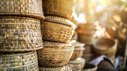 A collection of woven baskets stacked together. The baskets vary in size and shape, showcasing intricate patterns and natural materials. Soft sunlight illuminates the scene.
